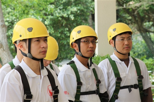 圖7:(左起) 鄭成德(Eddie)、周志成(Wiley)及梁漢英(Leo)戴上頭盔為之後進行的「高空活動」做足